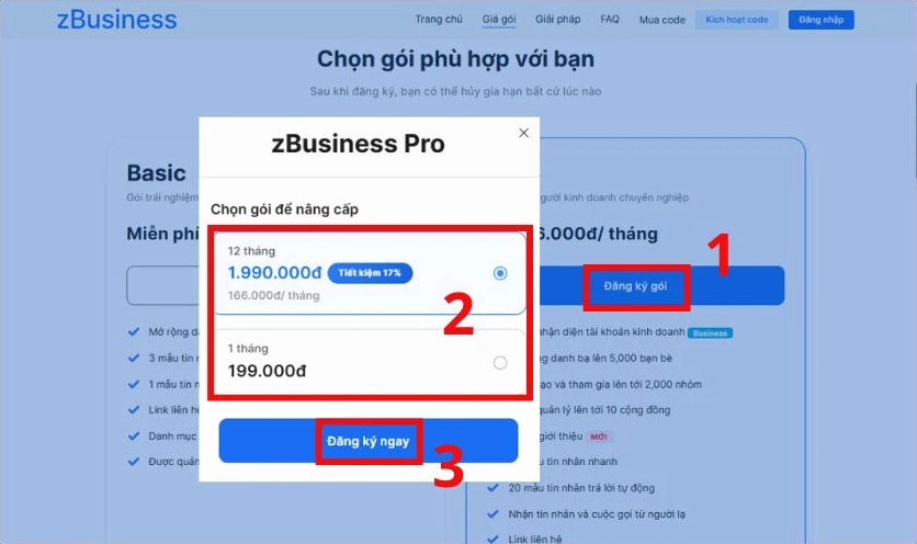 Giao diện chọn gói dịch vụ Zalo Business Pro trả phí
