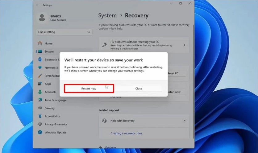 Hướng dẫn chi tiết cách cài đặt BIOS cho laptop Dell nhanh chóng 7 Giao diện chọn khởi động lại ngay lập tức trên hệ thống Windows