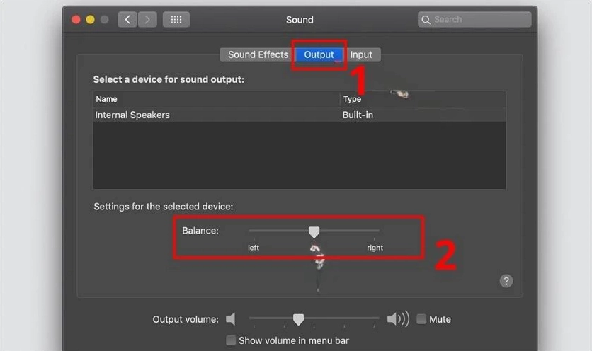 Giao diện chuyển qua tab Output và tìm mục Balance trong cài đặt âm thanh trên laptop