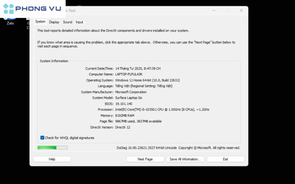Giao diện cửa sổ hiển thị đầy đủ thông tin cấu hình của laptop
