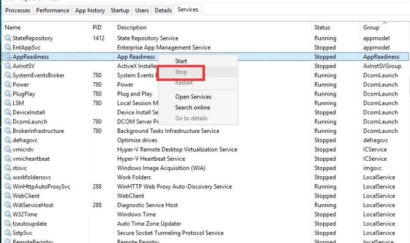 Giao diện cửa sổ Services hiển thị danh sách các dịch vụ đang chạy trên Windows