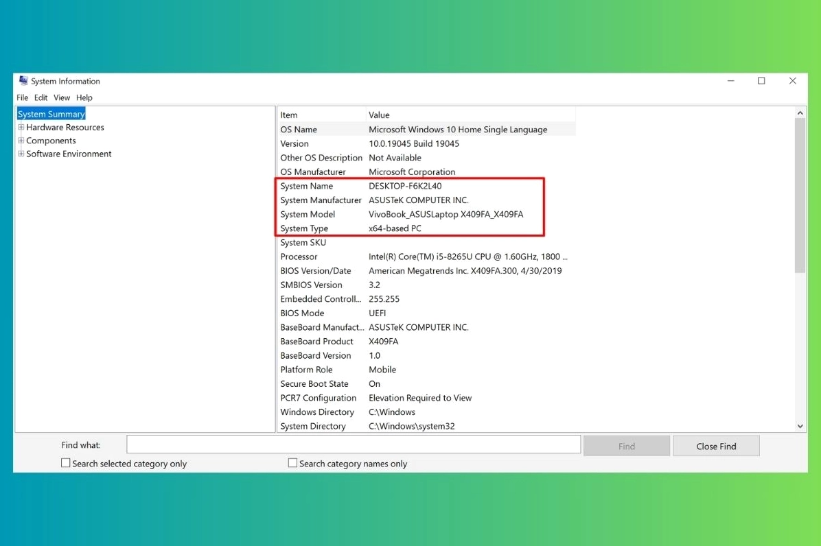 Giao diện cửa sổ System Information hiển thị danh sách dài các thông số kỹ thuật của laptop