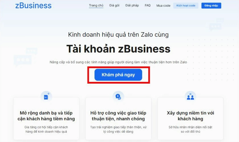 Giao diện đăng ký gói dịch vụ Zalo Business trên máy tính