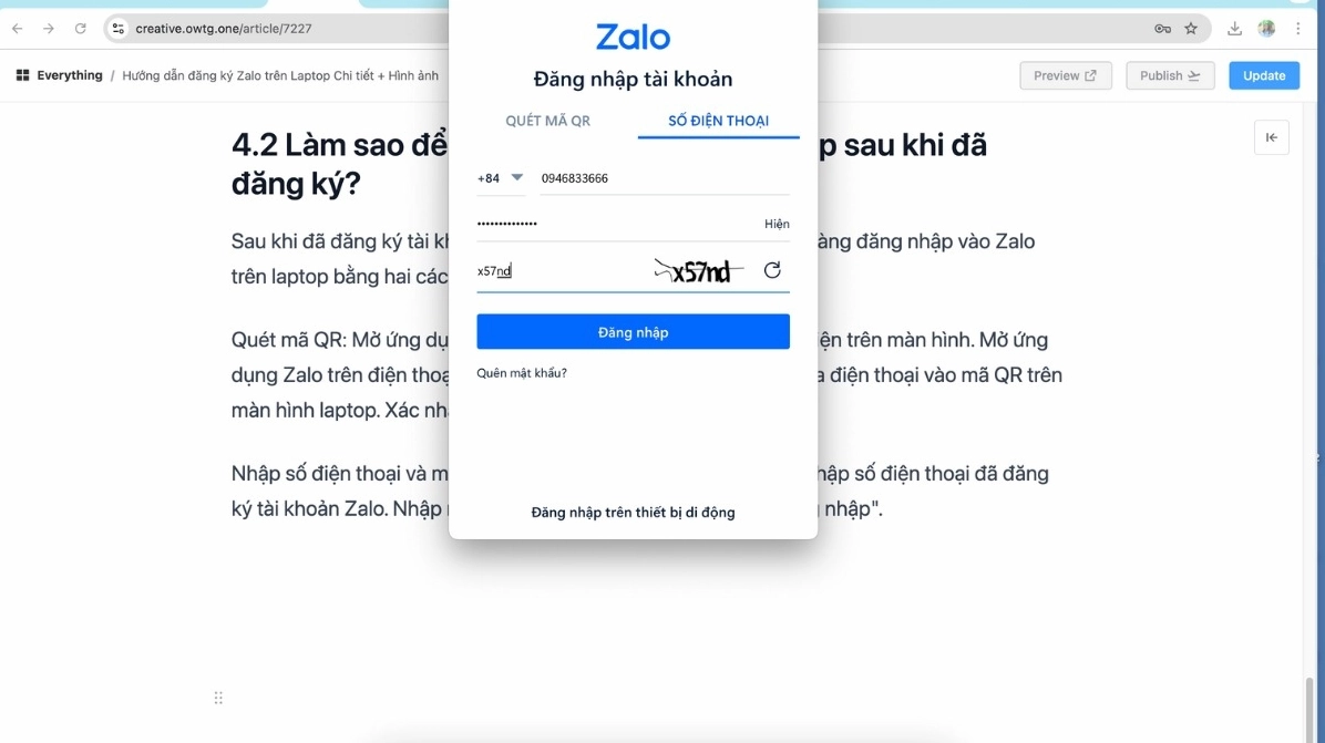 Giao diện đăng nhập Zalo bằng số điện thoại và mật khẩu trên máy tính