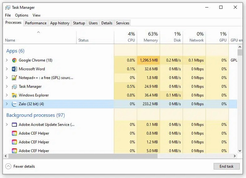 Giao diện danh sách các phần mềm được cài đặt trên máy tính và tình trạng hoạt động