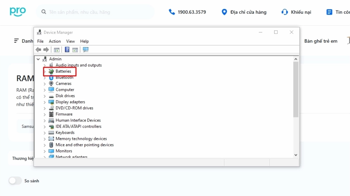 Giao diện Device Manager với mục Batteries được mở rộng