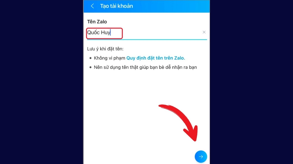 Giao diện điền tên đầy đủ cho tài khoản Zalo mới lập