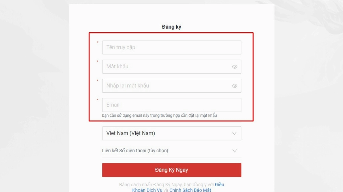 Giao diện điền thông tin đăng ký tài khoản mới gồm tên truy cập mật khẩu và email