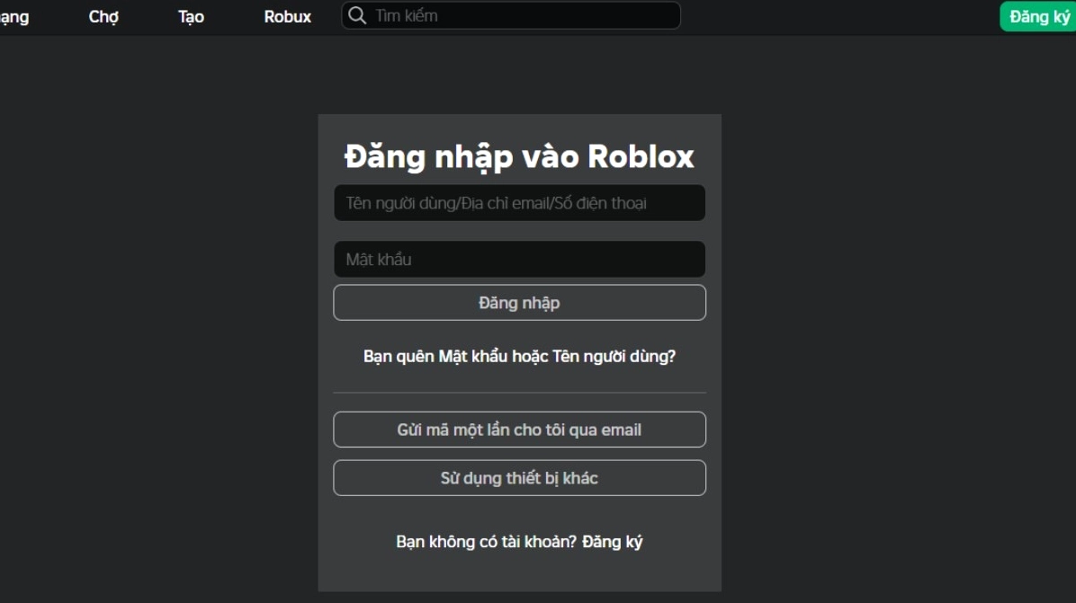 Giao diện điền thông tin đăng nhập hoặc đăng ký tài khoản mới trên Roblox