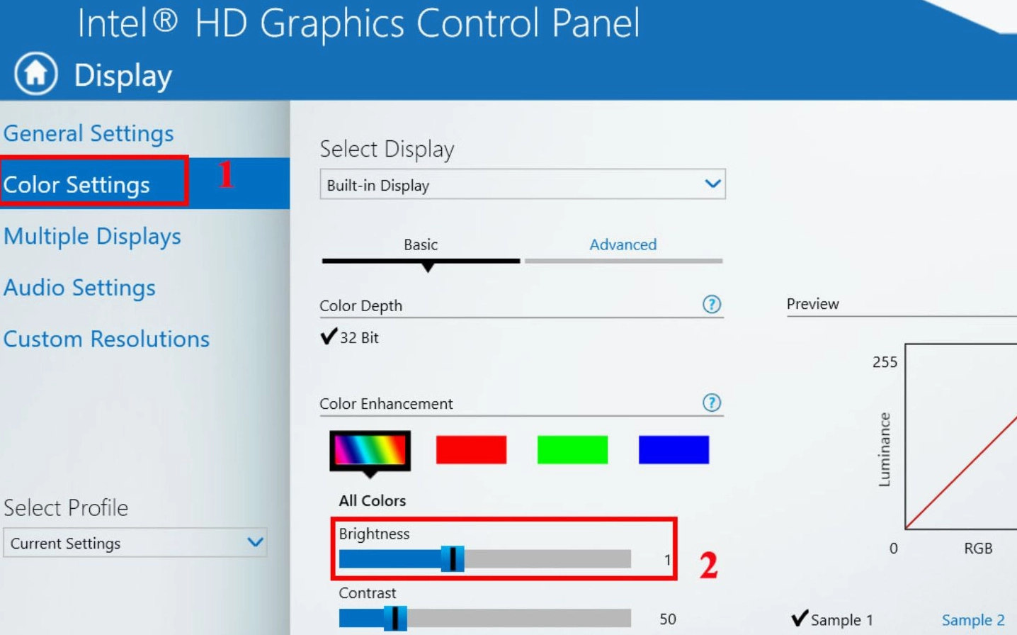 Giao diện điều chỉnh độ sáng màn hình bên trong phần mềm quản lý card đồ hoạ Intel