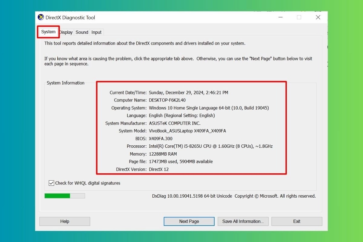 Giao diện DirectX Diagnostic Tool với các thông số hệ thống trong tab System