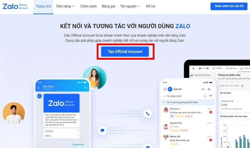 Giao diện giới thiệu về tài khoản Zalo Official Account dành cho doanh nghiệp