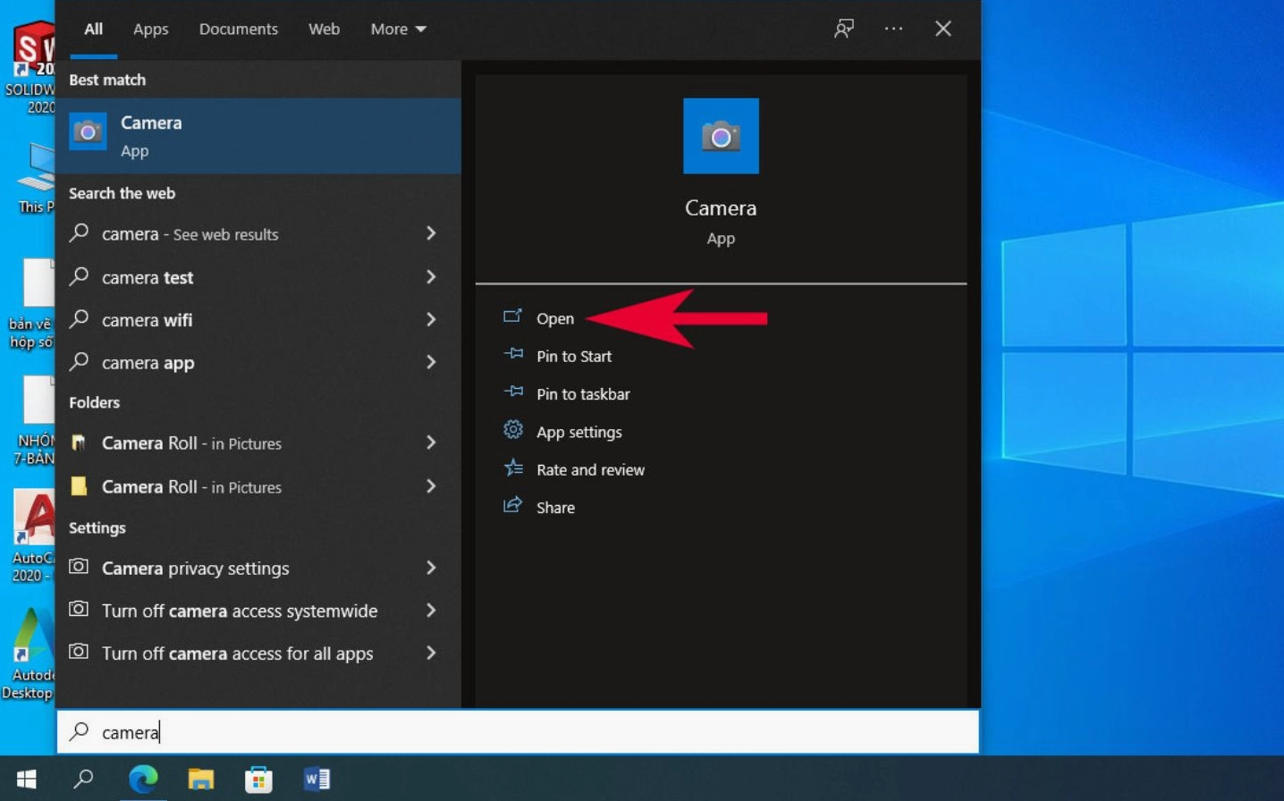 Hướng dẫn chi tiết cách bật camera trên laptop dell khắc phục lỗi nhanh chóng năm 2026 13 Giao diện hiển thị kết quả tìm kiếm ứng dụng Camera trên máy tính