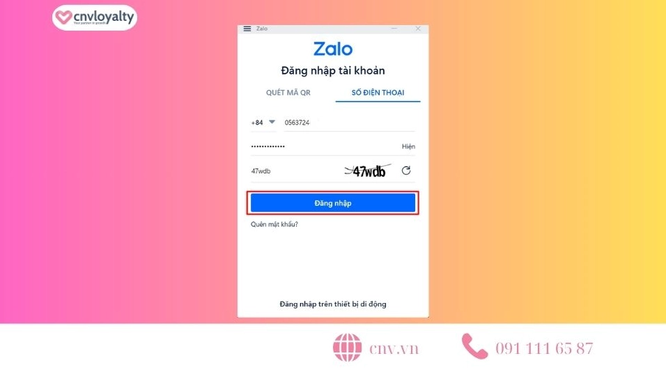Giao diện hiển thị nút đăng nhập trên ứng dụng Zalo máy tính để người dùng ấn vào
