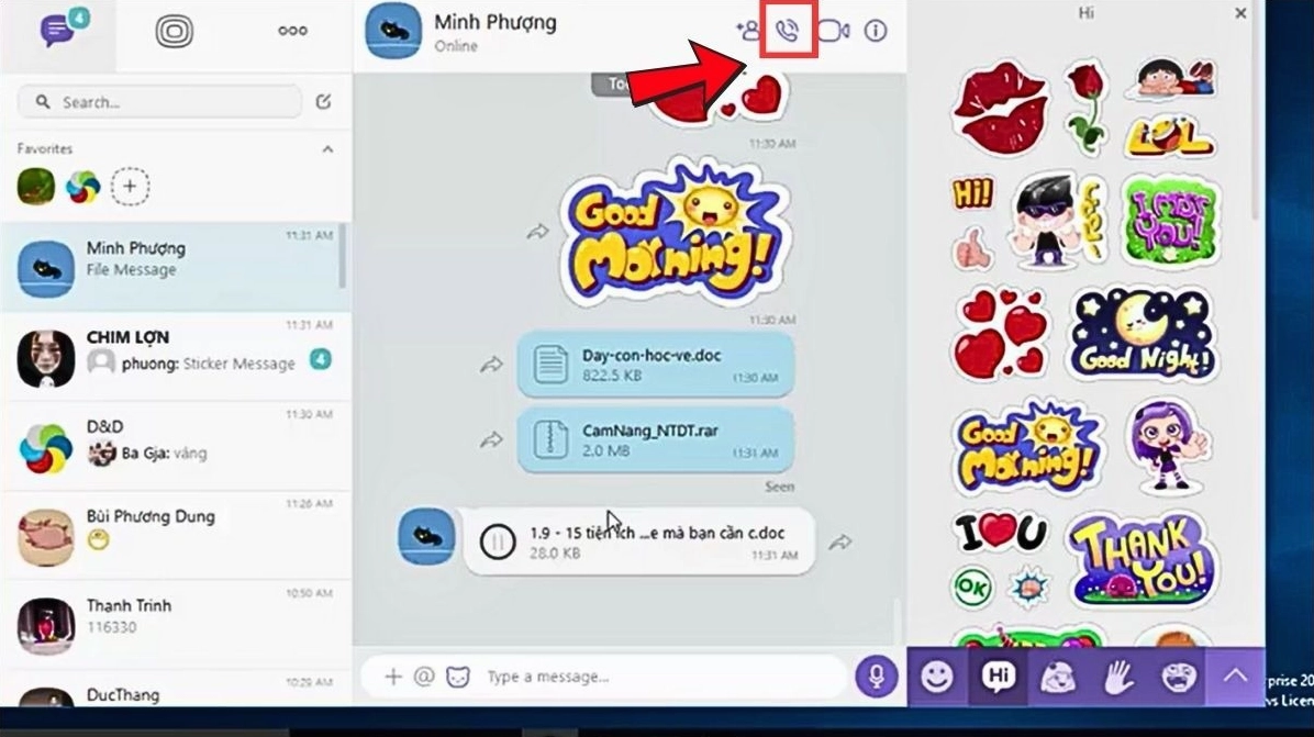 Giao diện hiển thị nút gọi điện sau khi đã chọn đúng người dùng muốn liên lạc