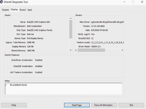 Giao diện hiển thị thông tin về card màn hình và độ phân giải