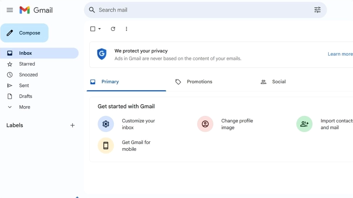 Giao diện hòm thư Gmail mới được tạo thành công