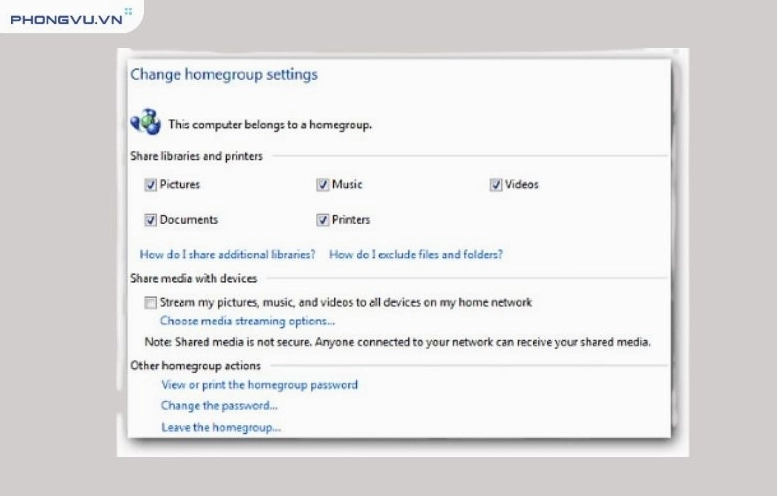 Hướng dẫn chi tiết cách thêm máy in vào laptop nhanh chóng và hiệu quả 22 Giao diện HomeGroup Setting sẽ hiện ra để bạn quản lý