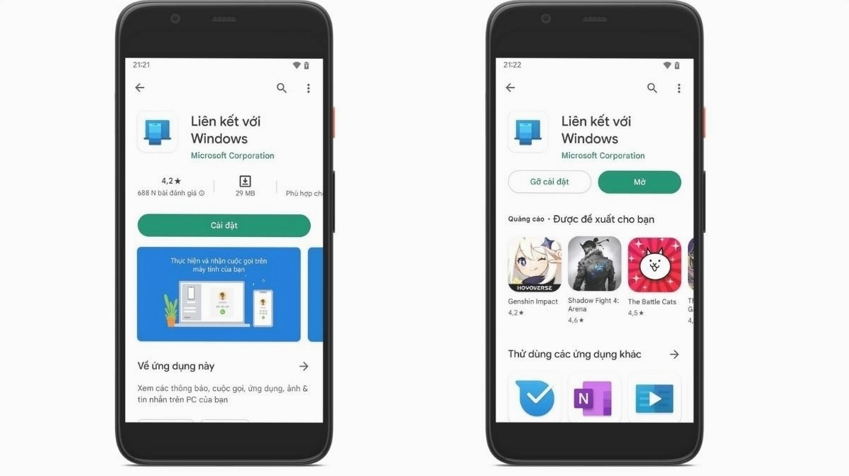 Giao diện kho ứng dụng hiển thị ứng dụng Liên kết với Windows để tải về