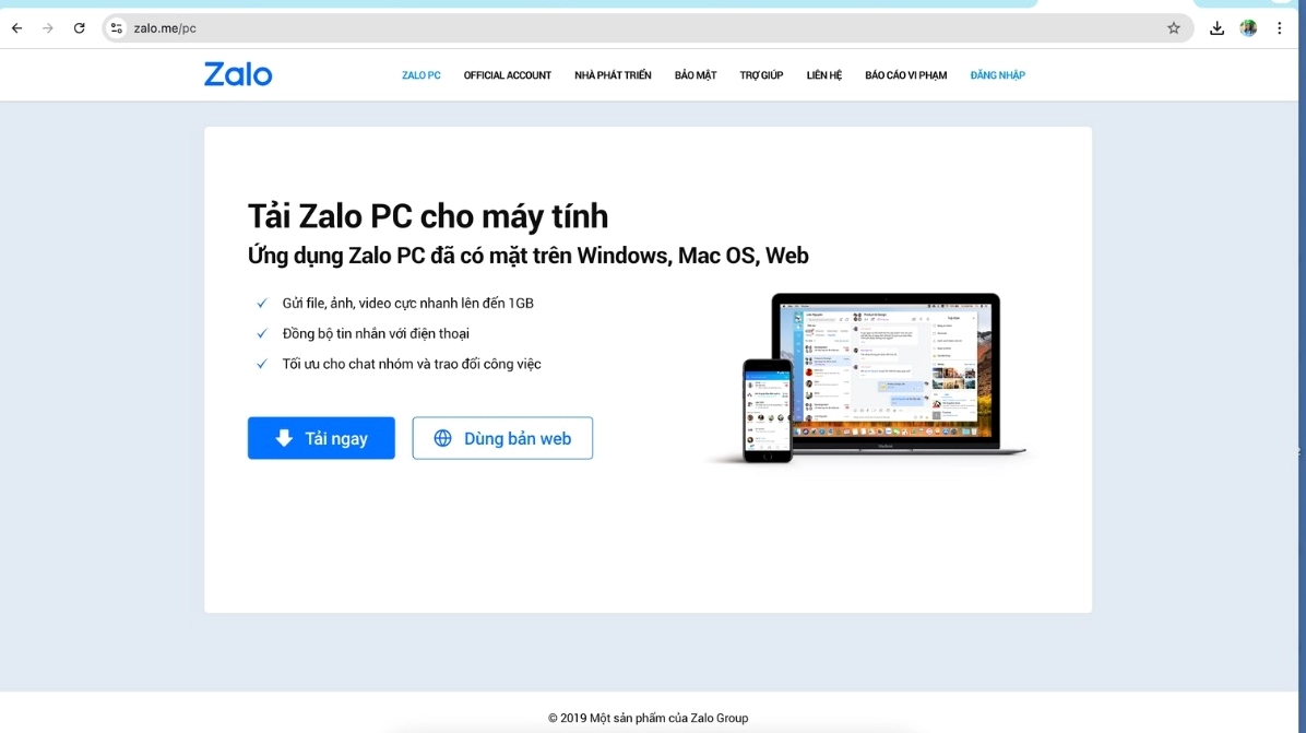 Giao diện khởi động của Zalo với hai nút Đăng nhập và Đăng ký