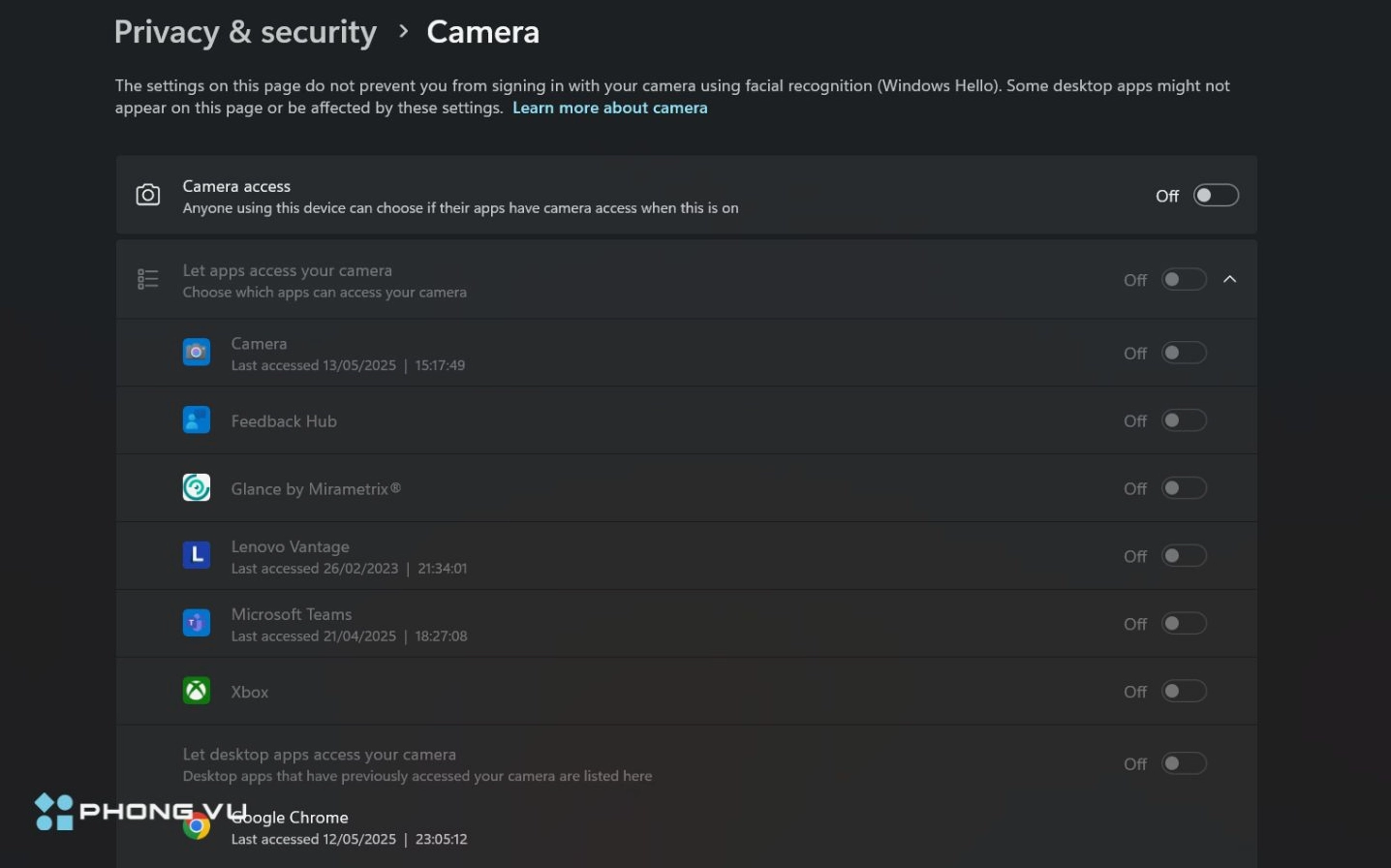 Hướng dẫn chi tiết cách bật camera trên laptop dell khắc phục lỗi nhanh chóng năm 2026 15 Giao diện kiểm tra và thiết lập quyền riêng tư cho ứng dụng camera