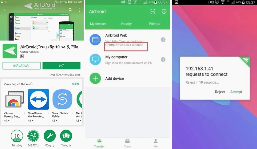 Giao diện làm việc chính của phần mềm AirDroid sau khi kết nối thành công