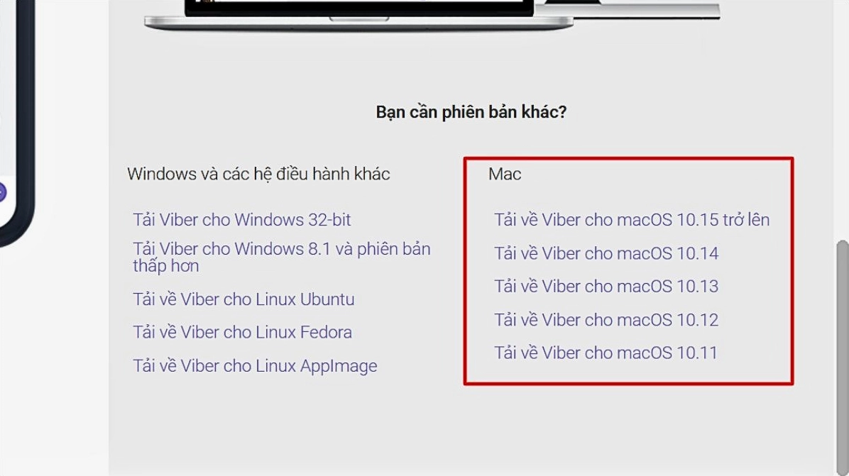 Giao diện lựa chọn phiên bản tải về cho hệ điều hành Mac OS trên trang web