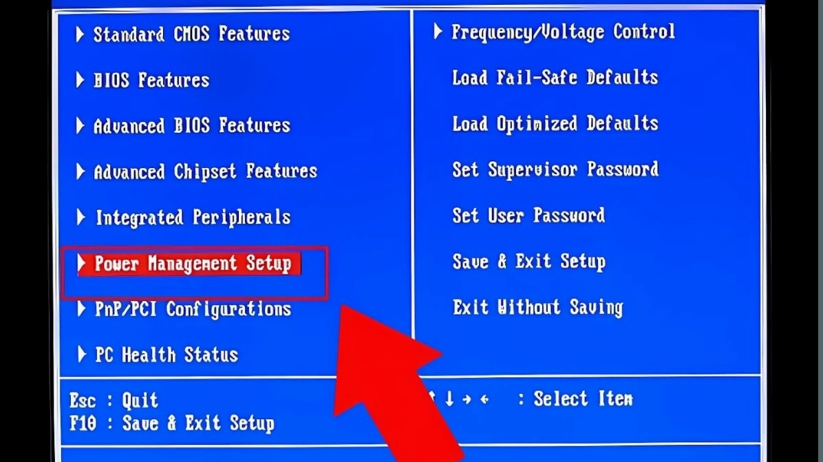 Hướng dẫn chi tiết cách mở nguồn laptop hiệu quả khi nút nguồn bị hỏng 4 Giao diện màn hình BIOS tìm đến mục Power Management Setup