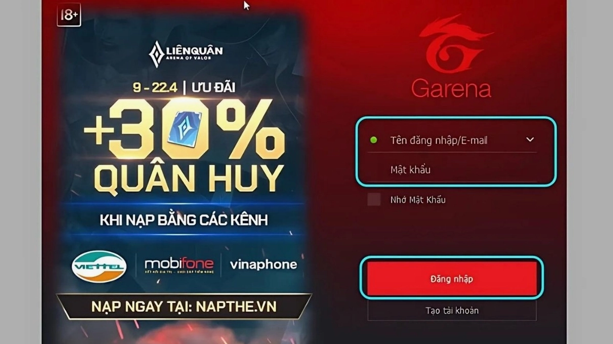 Hướng dẫn chi tiết cách tải fifa trên laptop an toàn và hiệu quả nhất năm 2026 18 Giao diện màn hình đăng nhập của phần mềm Garena PC với ô nhập tài khoản và mật khẩu