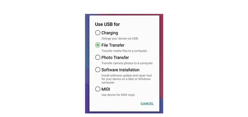 Giao diện màn hình điện thoại Android hiển thị thông báo chọn chế độ USB