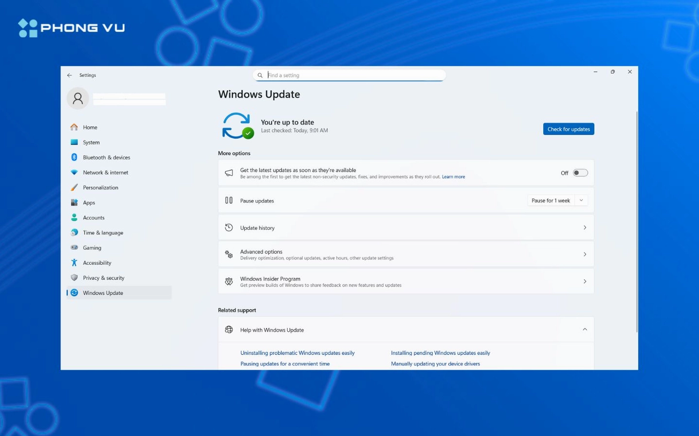 Hướng dẫn chi tiết cách cài đặt laptop mới mua chuẩn kỹ thuật 4 Giao diện màn hình Settings trên Windows 11 hiển thị mục Windows Update