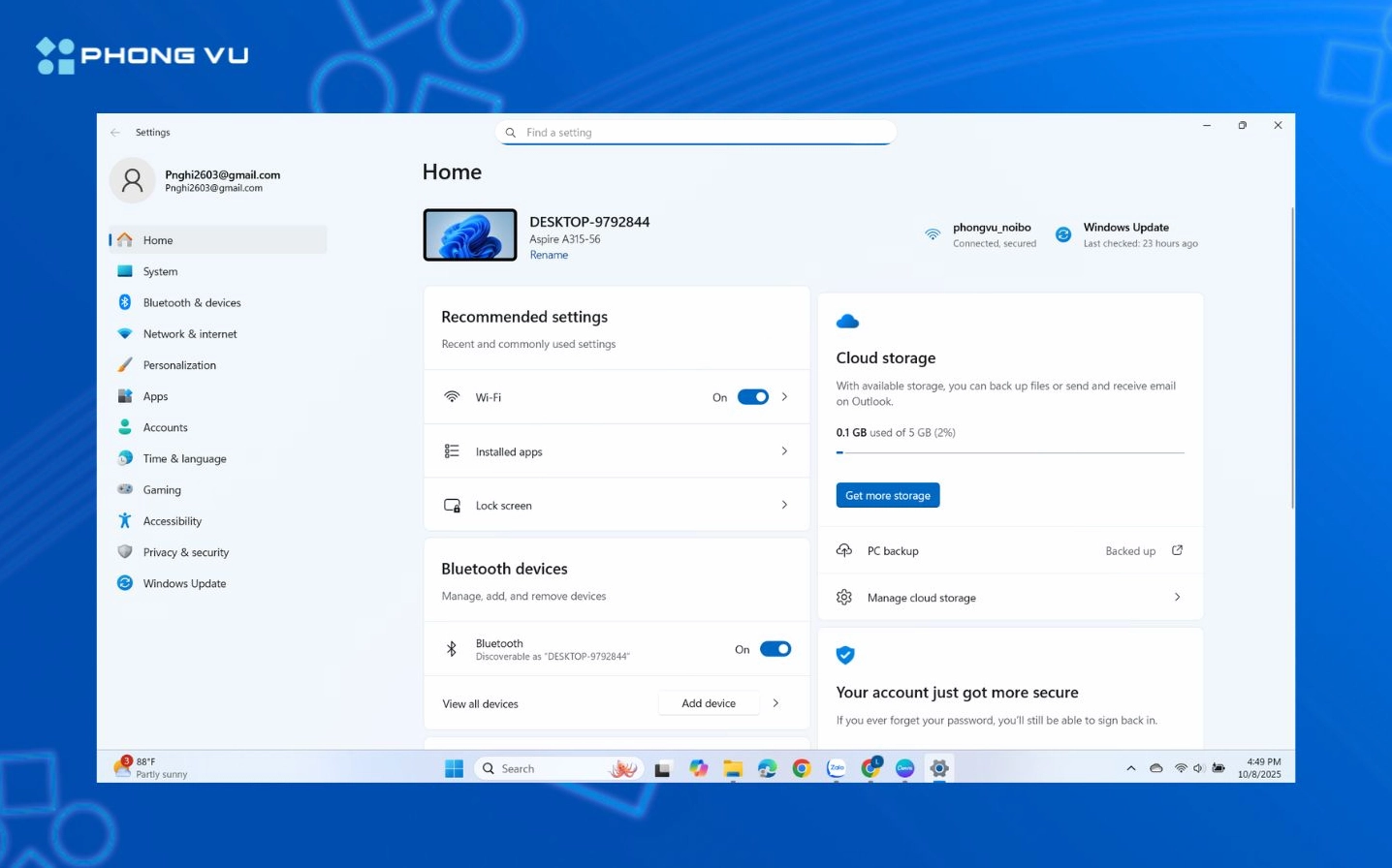 Giao diện mở setting để bật bluetooth trên máy tính Windows
