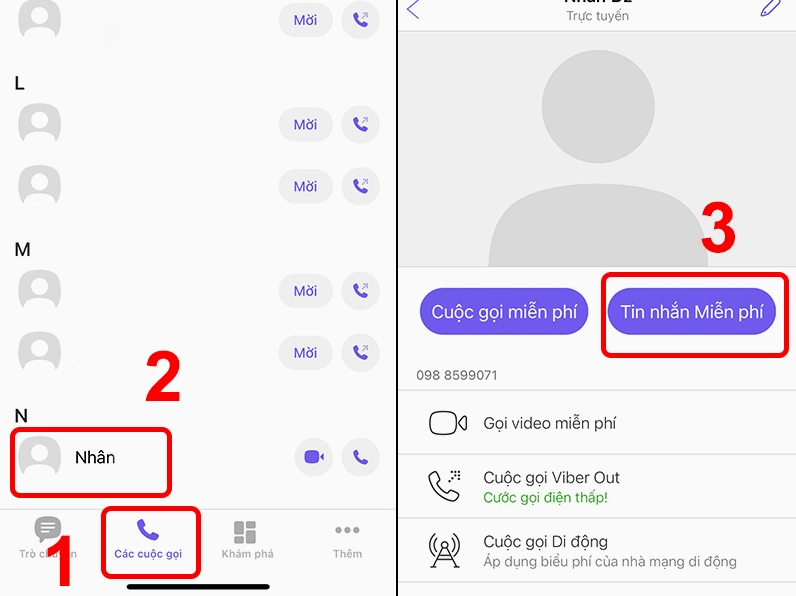 Giao diện mục Các cuộc gọi để chọn liên hệ và thực hiện nhắn tin hoặc gọi điện miễn phí