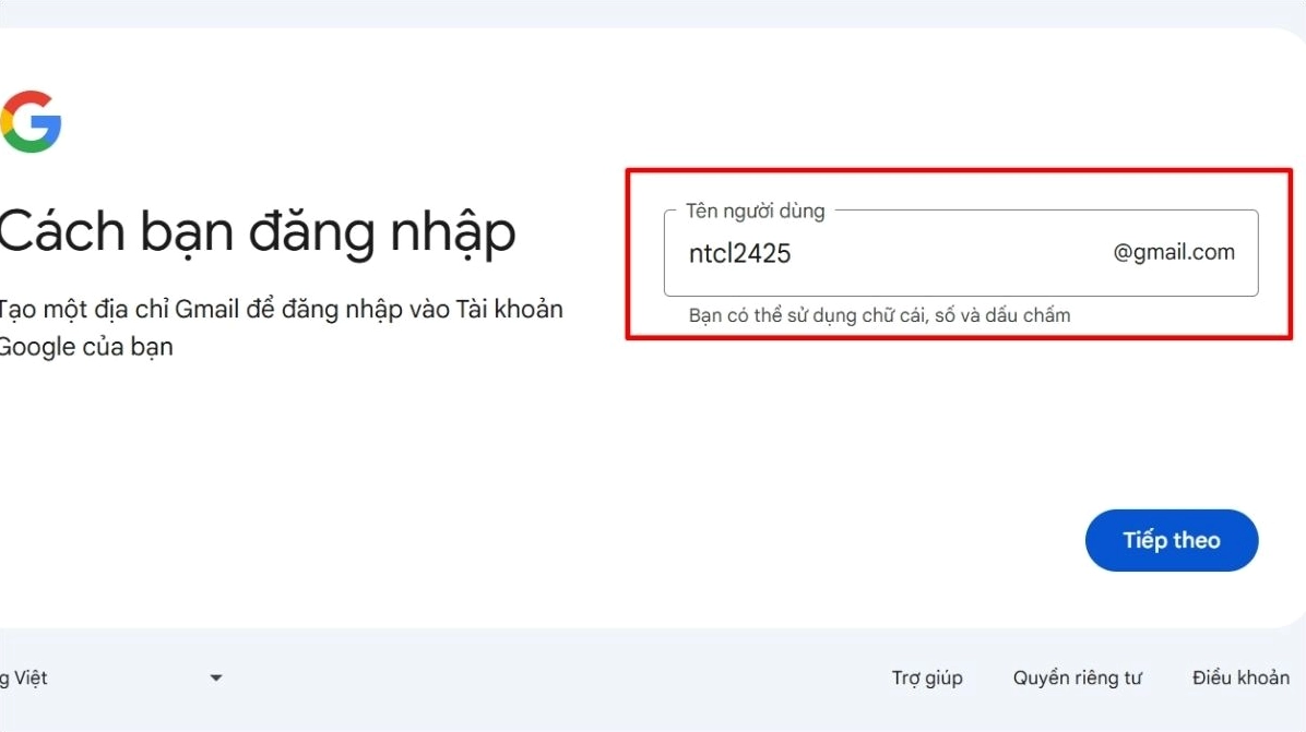 Giao diện nhập tên người dùng để tạo địa chỉ email