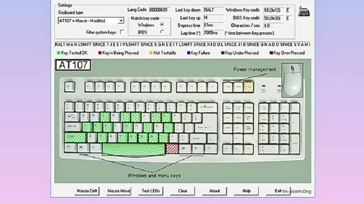 Giao diện phần mềm KeyboardTest hiển thị sơ đồ bàn phím chi tiết