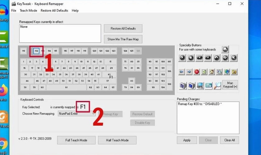 Giao diện phần mềm KeyTweak dùng để gán lại phím trên máy tính