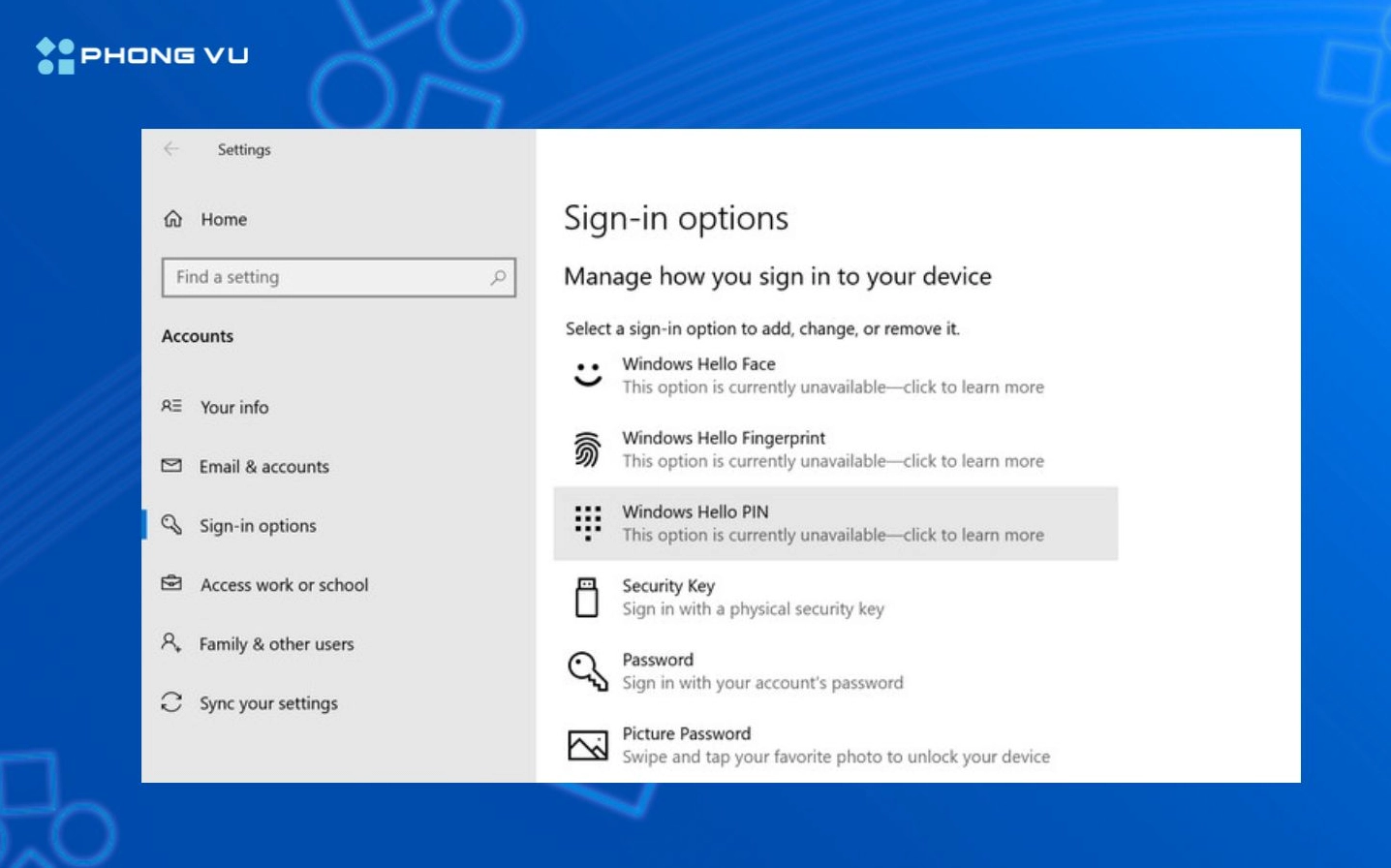 Hướng dẫn chi tiết cách cài đặt laptop mới mua chuẩn kỹ thuật 13 Giao diện phần Sign in options hiển thị các phương thức tạo mật khẩu đăng nhập