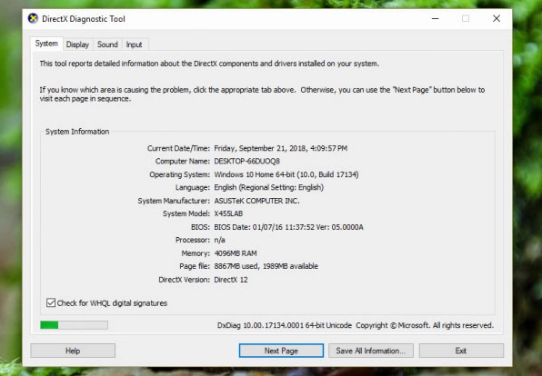 Giao diện sử dụng lệnh dxdiag trên Windows