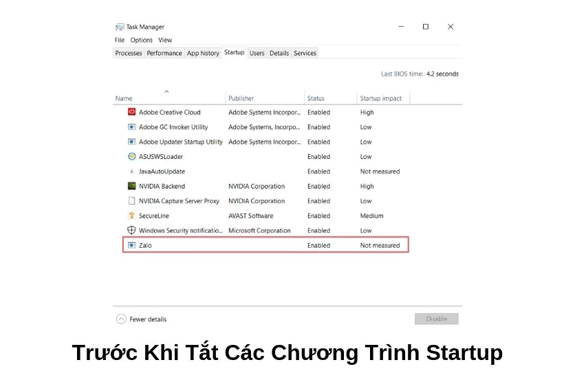 Giao diện tắt các phần mềm khởi động cùng Startup trên hệ điều hành