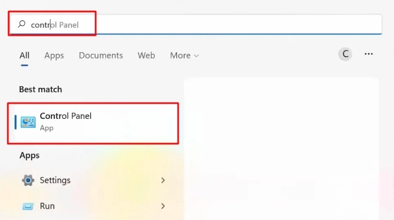 Hướng dẫn chi tiết cách để màn hình laptop không tắt hiệu quả năm 2026 5 Giao diện thanh tìm kiếm của Windows hiển thị ứng dụng Control Panel