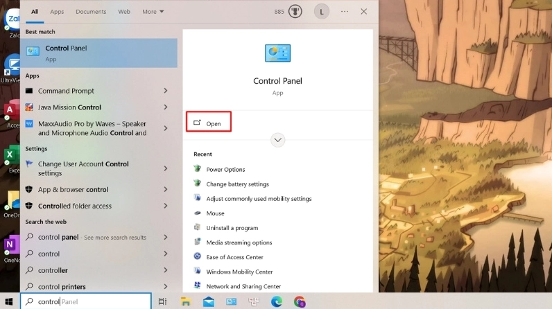 Giao diện thanh tìm kiếm Windows Start menu hiển thị ứng dụng Control Panel