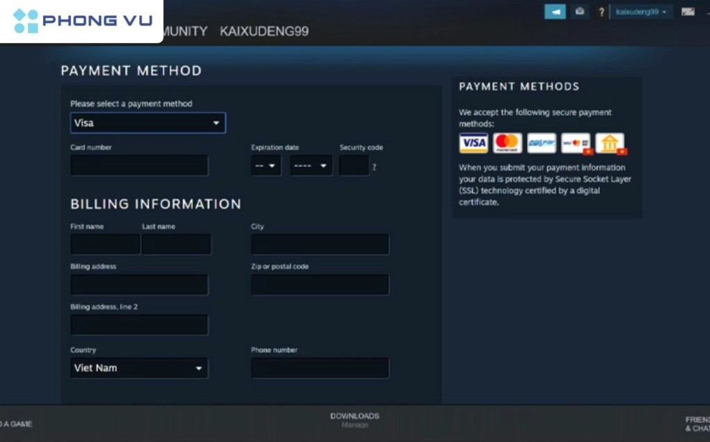 Giao diện thanh toán đơn hàng mua game trên Steam