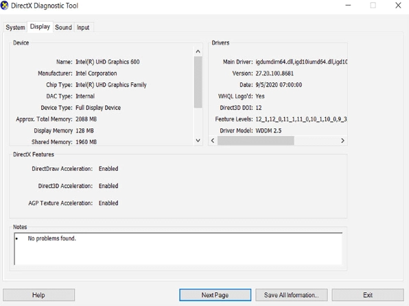 Giao diện thẻ Display trong công cụ dxdiag