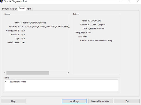 Giao diện thẻ Sound hiển thị thông tin âm thanh