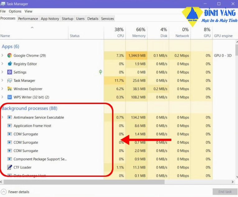 Giao diện thẻ Startup bên trong Task Manager dùng để quản lý ứng dụng khởi động cùng Windows