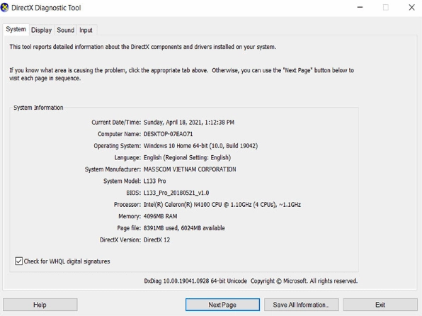 Giao diện thẻ System trong công cụ DirectX Diagnostic Tool