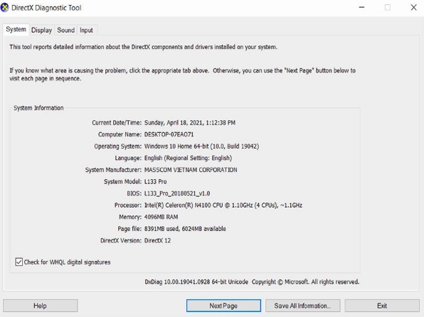 Giao diện thẻ System trong DirectX Diagnostic Tool