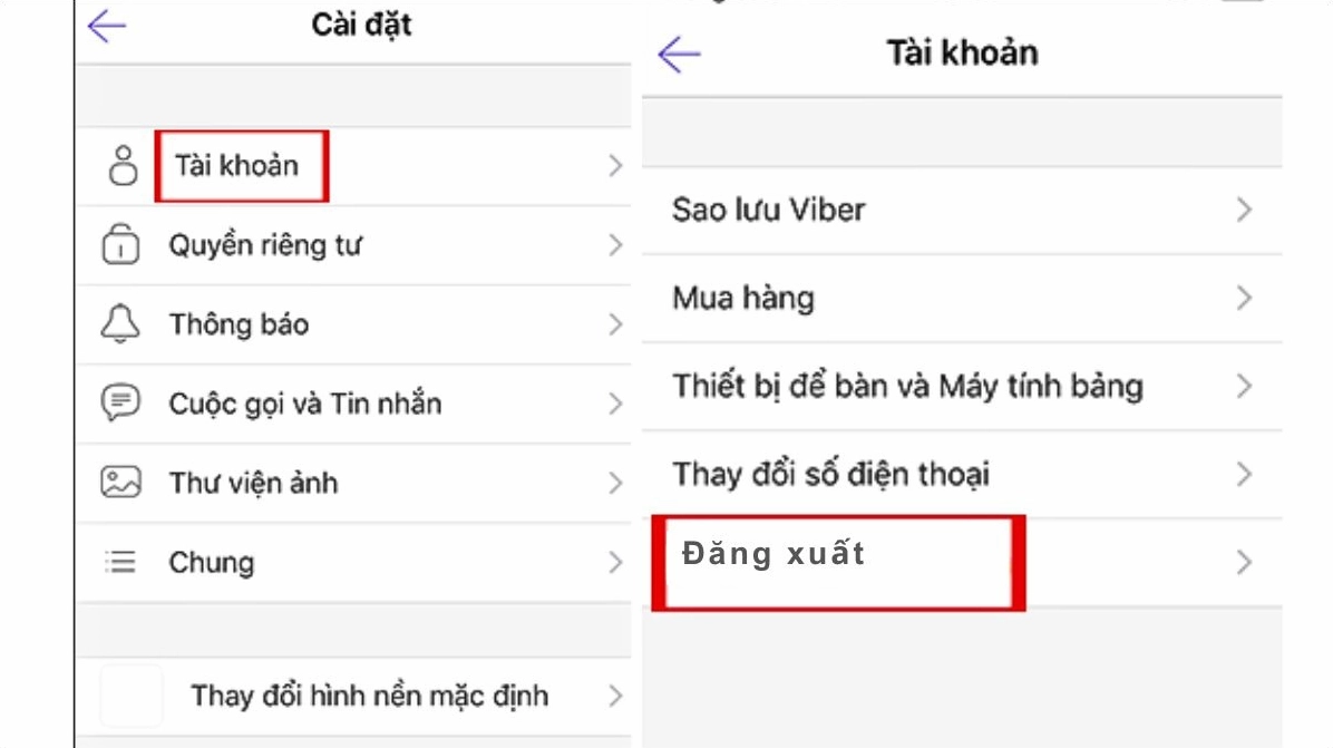 Giao diện thiết lập tài khoản có chứa nút đăng xuất tài khoản Viber khỏi thiết bị