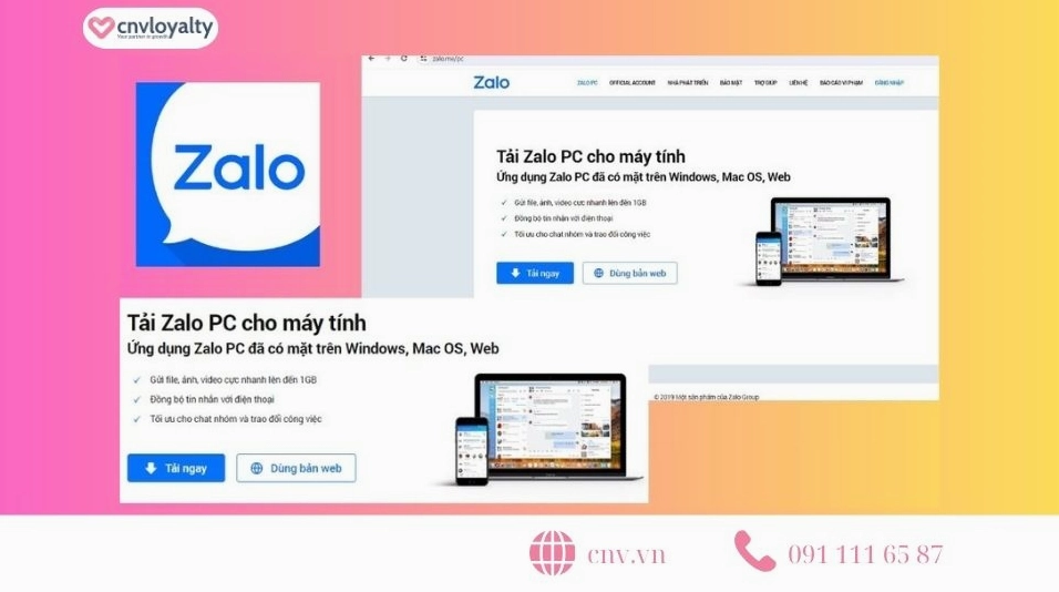 Giao diện tìm kiếm và truy cập vào trang website chính thức của Zalo để tải ứng dụng