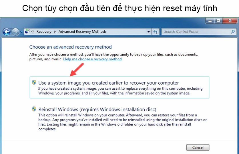 Giao diện tính năng khôi phục cài đặt thông qua Control Panel trên Windows 7
